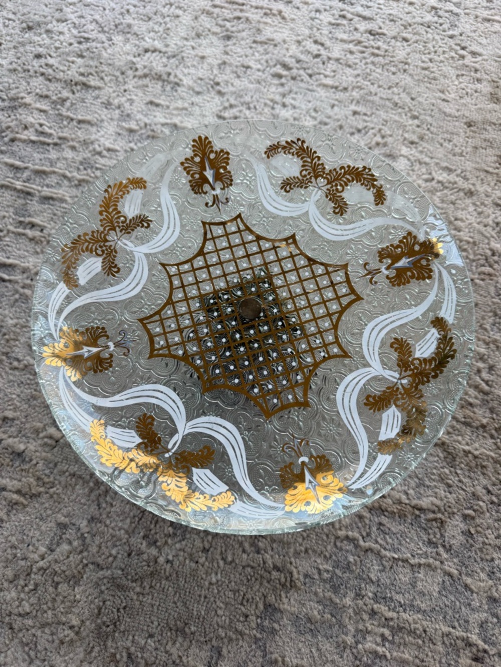 Decorative Clear Glass Serving Platter with Gold and White Accents